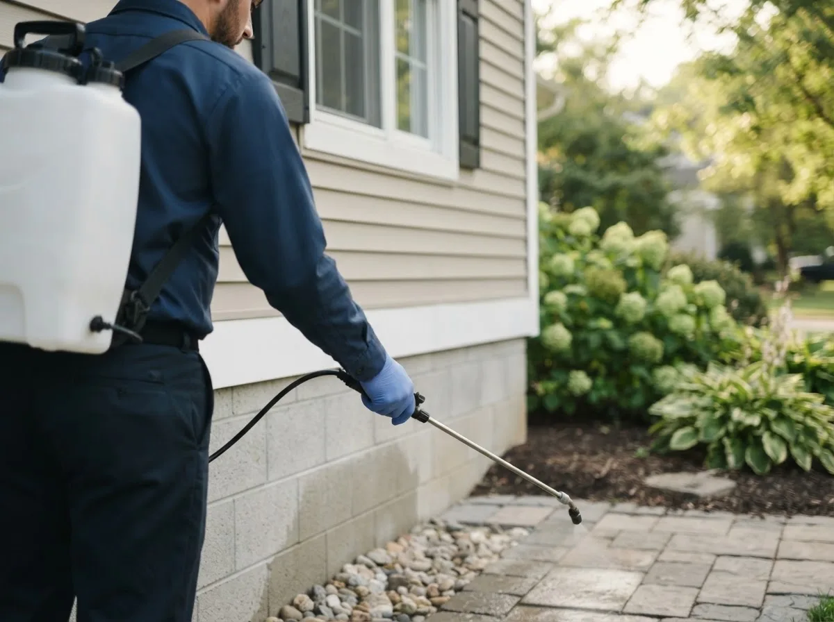 Pest control technician inspecting a home in Lohrville, IA